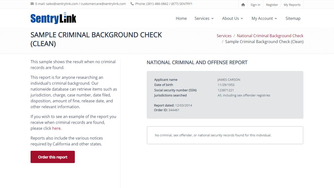 Sample Criminal Background Check (Clean) - SentryLink